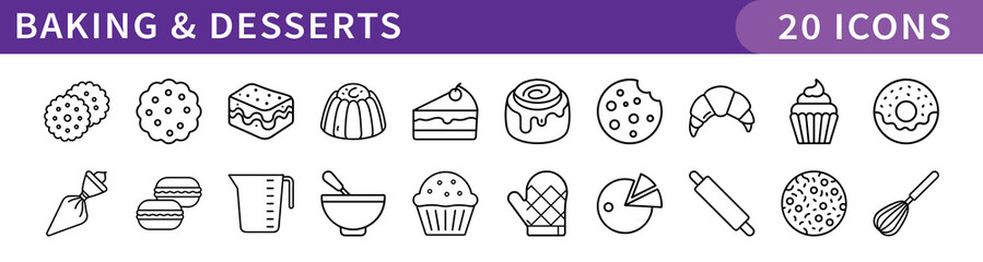 Baking and Desserts Icons Set, A collection of 20 icons representing baking and dessert items, including cakes, cookies, cupcakes, and baking tools.
