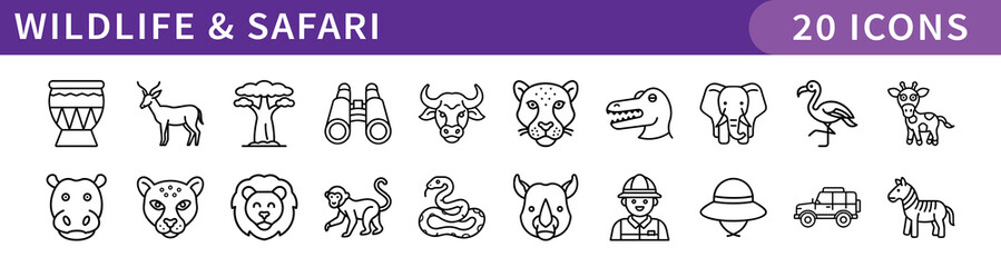 Wildlife and Safari Icons Set, A collection of 20 icons representing wildlife and safari animals, including lions, elephants, giraffes, and safari vehicles.
