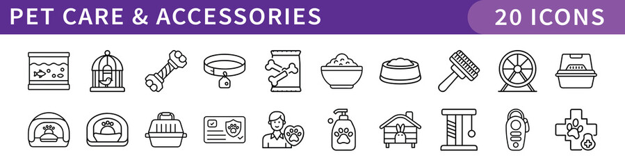 Pet Care and Accessories Icons Set, A collection of 20 icons representing pet care and accessories, including pet food bowls, grooming tools, toys, and pet carriers.
