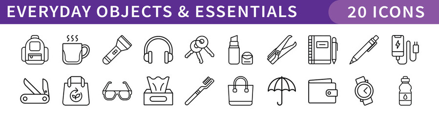 Everyday Objects and Essentials Icons Set, A collection of 20 icons representing everyday objects and essentials, including items like backpacks, coffee mugs, headphones, and umbrellas.
