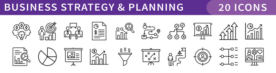 Business Strategy and Planning Icons Set, A collection of 20 icons representing business strategy and planning, including charts, data analysis, goals, and strategic tools.

