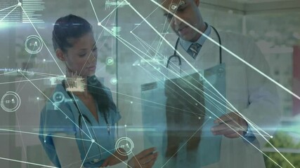 Nurse unfolding X-ray film at window after doctor handing it, generating animated medical overlay - Powered by Adobe