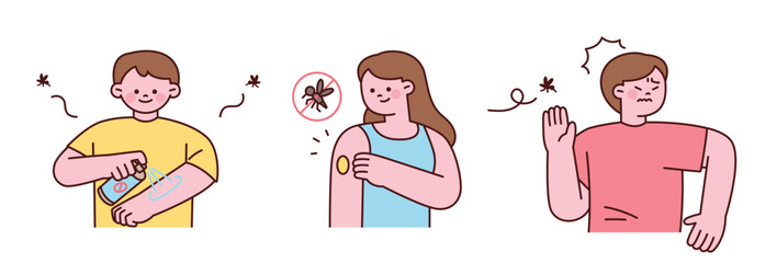 Children using mosquito repellent spray, insect patch, and hand gestures to keep mosquitoes away. Summer pest protection illustration.