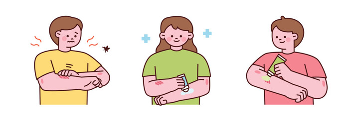 An illustration depicting a person suffering from a mosquito bite, followed by applying soothing cream for relief. Ideal for healthcare, summer, or insect bite related content. © MINIWIDE