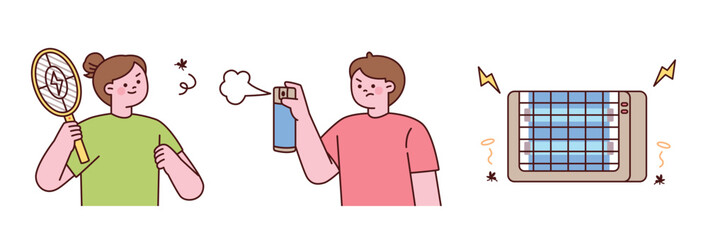 People using electric mosquito swatter, insect spray, and bug zapper to get rid of mosquitoes. Summer pest control illustration.