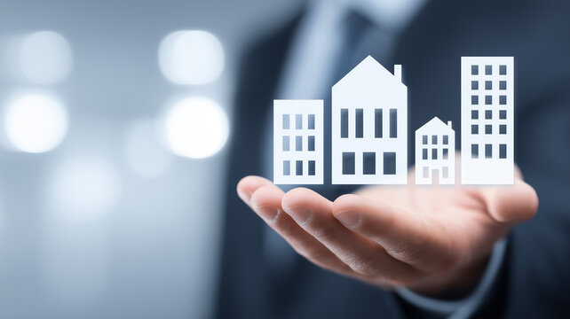 A Strategic Real Estate Investment concept illustrated by a miniature cityscape hovering above an executive hand.
