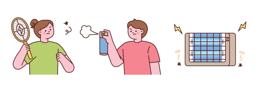 People using electric mosquito swatter, insect spray, and bug zapper to get rid of mosquitoes. Summer pest control illustration.