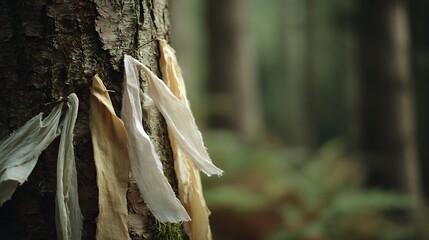 Tied Cloth Ribbons on Tree in Forest, Wishing Tree Tradition, Nature
