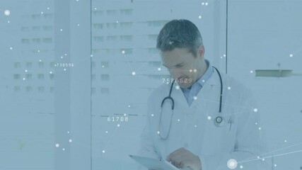 Doctor tapping tablet screen analyzing patient data beneath translucent network overlay and smiling - Powered by Adobe