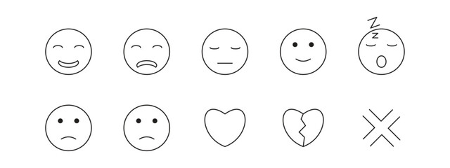 Ten line art icons featuring various facial expressions whole and broken hearts and an X symbol