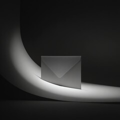 A minimalist black and white photo featuring a single envelope illuminated by a curved light beam against a dark background.