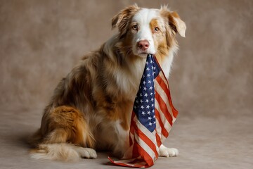 Patriotic Dog, Australian Shepherd with American Flag Bandana, Studio Shot