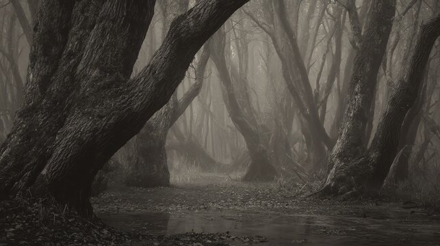 A misty, eerie forest with twisted trees and a calm water body, evoking a mysterious and haunting atmosphere.