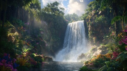 Lush waterfall cascading into a tranquil pool surrounded by vibrant tropical flowers and lush greenery