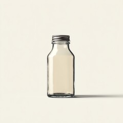 A simple glass bottle with a metal screw cap, casting a shadow on a plain light background.