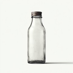 A clear, empty glass bottle with a metal screw cap, standing upright on a plain white background, casting a subtle shadow to the right.
