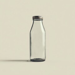 A transparent glass bottle with a metal screw cap stands empty on a neutral background casting a shadow to the left.