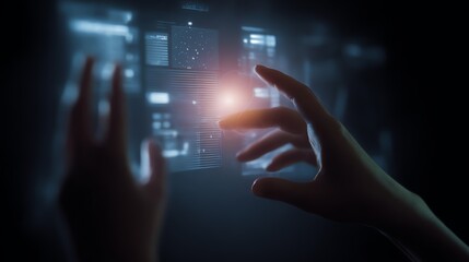 Hands interacting with a transparent digital interface displaying data and graphs, illuminated by a glowing light in a dark environment.