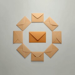 Nine brown envelopes arranged in a circle on a light gray background with one envelope in the center.
