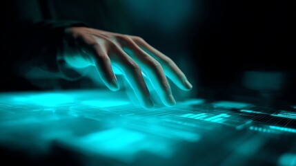A hand interacts with a glowing, futuristic touchscreen interface in a dark setting, symbolizing advanced technology and digital innovation.