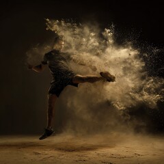 A person performs a powerful mid-air kick, creating a dramatic explosion of dust and particles in a dark, dynamic setting.
