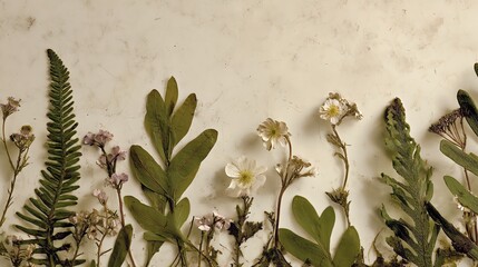 A flat lay of various pressed green leaves and delicate white flowers arranged horizontally on a beige textured background.