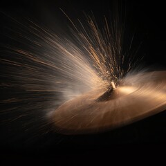 A cymbal is struck, sending bright sparks and dynamic light trails against a dark background, capturing energy and movement in a musical performance.