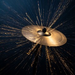 A cymbal is struck, creating dynamic golden sparks flying outward against a dark background.