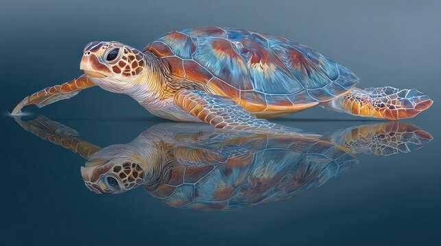 Sea turtle with intricate shell pattern reflecting in calm waters
