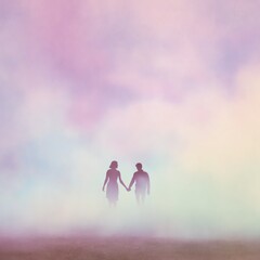 Two people hold hands walking through a dreamy, pastel-colored mist with soft pink, purple, and blue hues creating a surreal and romantic atmosphere.