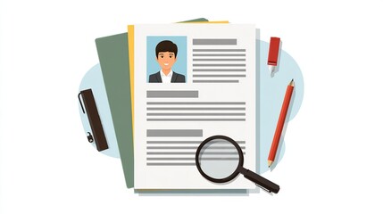 Illustration of a resume, pen, pencil, eraser, magnifier, & file folder on a light-blue background