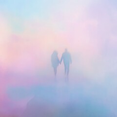 Two people holding hands walk through a dreamy, pastel-colored fog, creating a serene and ethereal atmosphere.