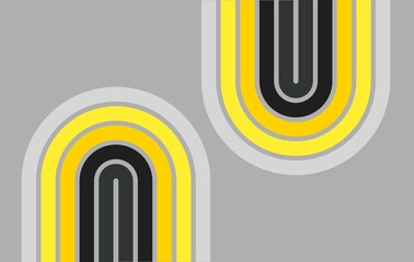 Bold retro design featuring arched, tube-like shapes in black, yellow, and gray tones on a solid gray background. The smooth, layered curves bring a structured, mid-century modern aesthetic. U shape.