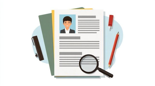 Illustration of a resume, pen, pencil, eraser, magnifier, & file folder on a light-blue background