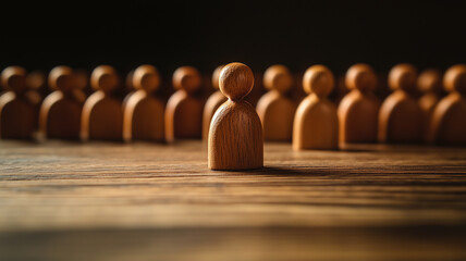 A compelling Leadership and Diversity Empowerment concept illustrated by a distinct wooden figure standing out among a group of peers.
