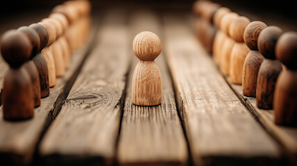 A compelling Leadership and Diversity Empowerment concept illustrated by a distinct wooden figure standing out among a group of peers.
