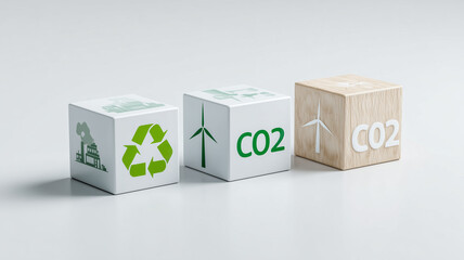 An Integrated ESG Carbon Reduction Strategy concept illustrated with eco themed cubes showing recycling wind power and CO2 symbols.
