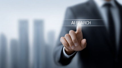 A cutting edge AI Search Engine Interface concept captured as a businessman activates a virtual query button in a corporate setting.
