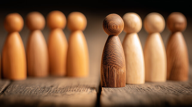 A compelling Leadership and Diversity Empowerment concept illustrated by a distinct wooden figure standing out among a group of peers.
