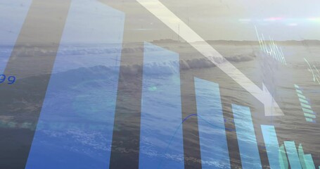 On start bar chart emerging, line graph animating and arrow gliding showing market decline over sea - Powered by Adobe