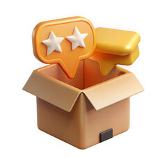 Photo of a cardboard box with speech bubbles containing stars represents customer reviews and feedback isolated on transparent background