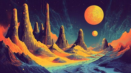 Exoplanet Landscape with Towering Rocks and Celestial Bodies