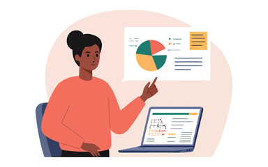 Woman presenting data analysis with pie chart and laptop wearing coral sweater.