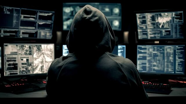 Mysterious Figure in Hoodie Working in Dark Room with Multiple Screens with ai generated