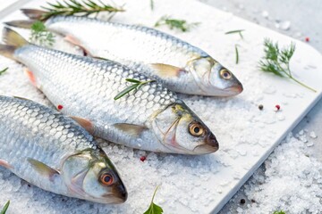 Three whole fresh fish on a bed of salt with herbs, ready for cooking

