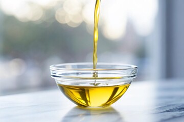 Olive oil being poured into a glass bowl
