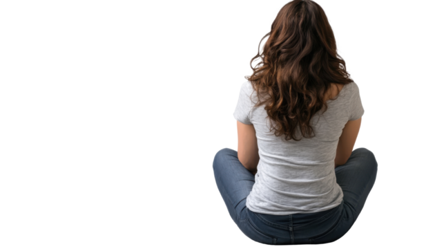 woman sitting on floor back view on white background