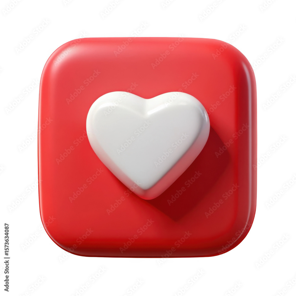 Poster 3d glossy red square icon with white heart isolated on transparent background