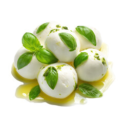Fresh mozzarella balls with basil and olive oil on transparent background

