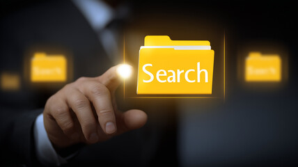 A Smart Data Retrieval and Search Efficiency Concept Visualized by a Glowing Folder Icon Activated by a Business Professional.
